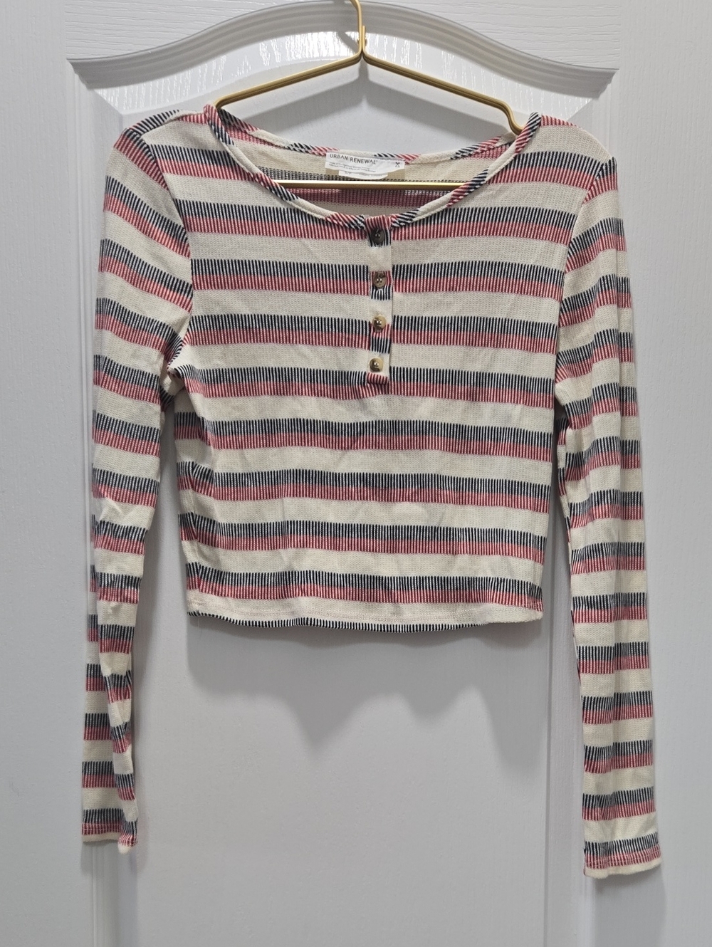 Urban Renewal Striped Henley Long-Sleeve Crop Top - Pink/Black/White